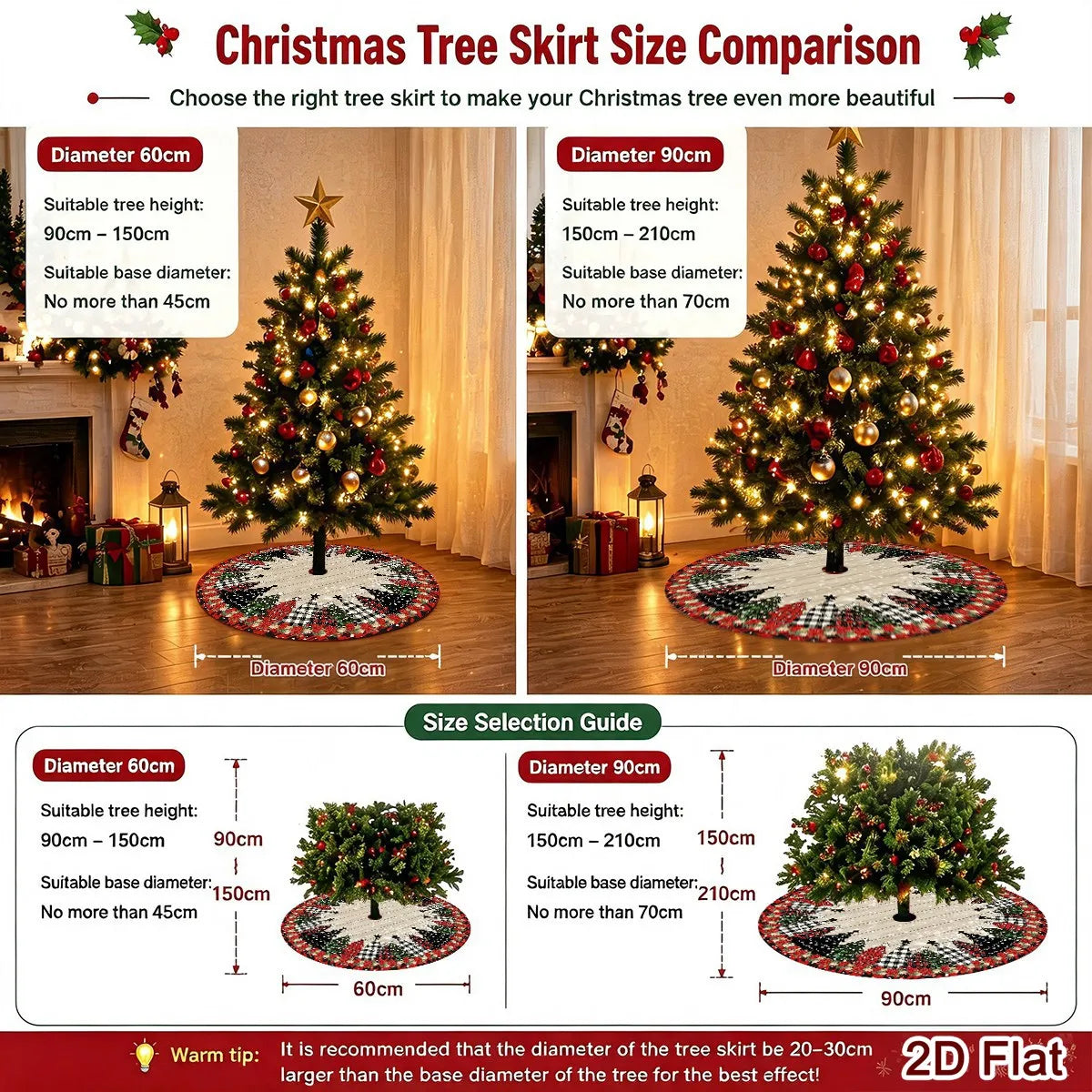 Christmas Tree & Check Print Tree Skirt – 60 or 90 cm