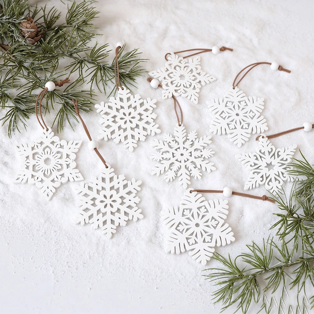 White Wooden Snowflake Christmas Decorations – Set of 16