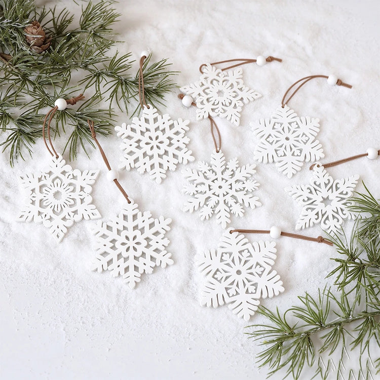 White Wooden Snowflake Christmas Decorations – Set of 16