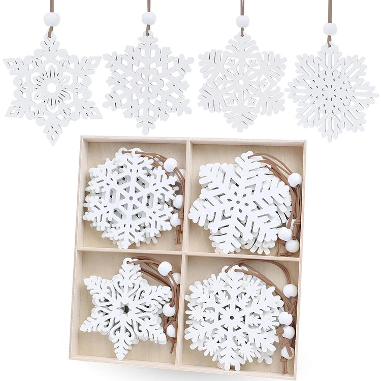 White Wooden Snowflake Christmas Decorations – Set of 16