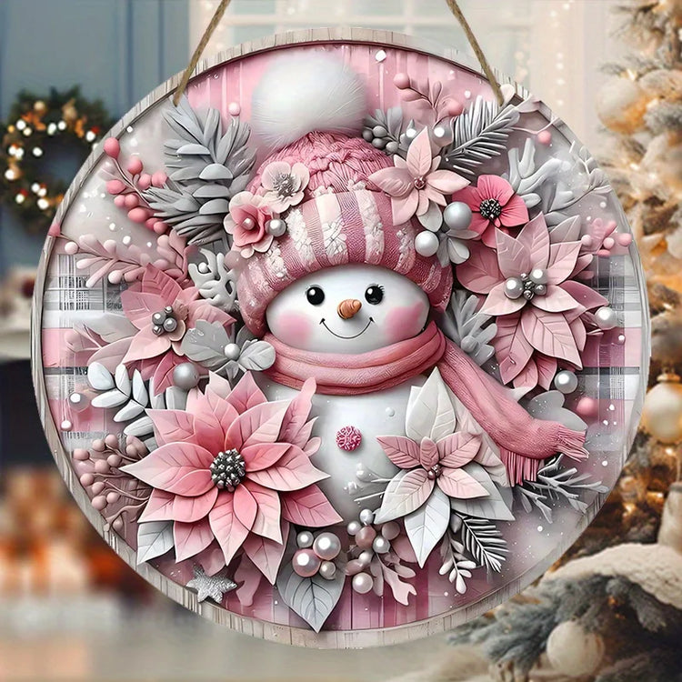 Pink Snowman Wooden Christmas Hanging Decoration