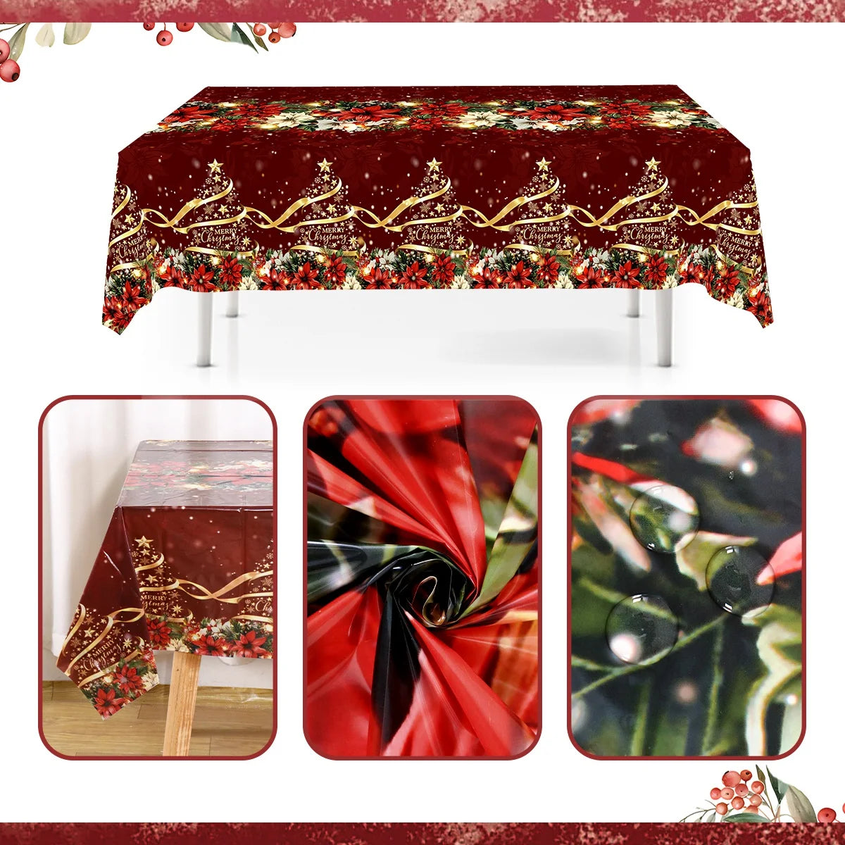 Red Poinsettia Christmas Tablecloth