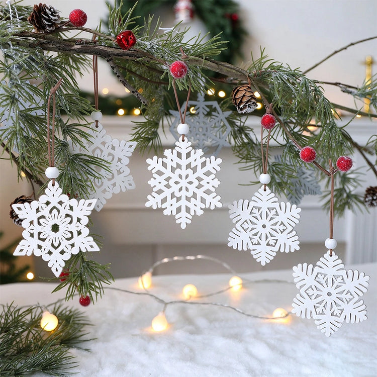 White Wooden Snowflake Christmas Decorations – Set of 16