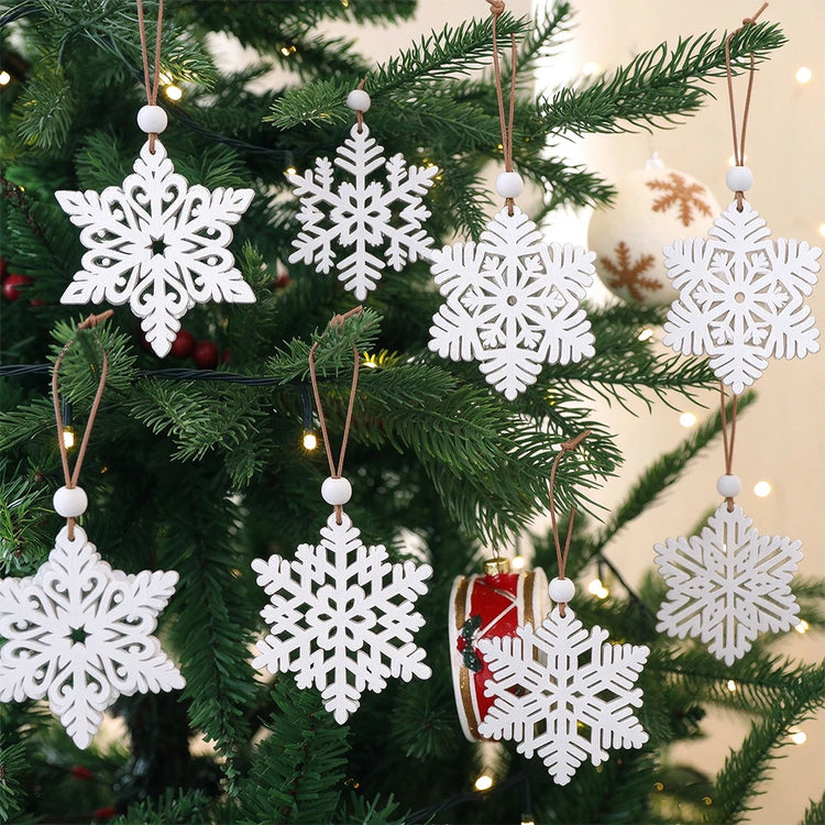 White Wooden Snowflake Christmas Decorations – Set of 16