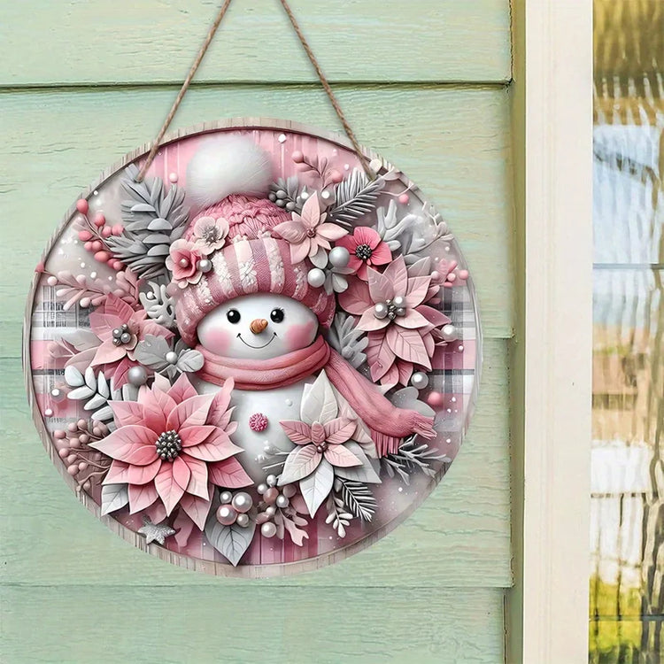 Pink Snowman Wooden Christmas Hanging Decoration