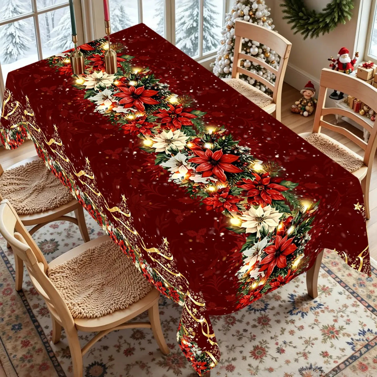 Red Poinsettia Christmas Tablecloth